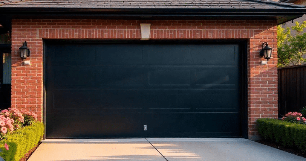 black garage in a red brick house