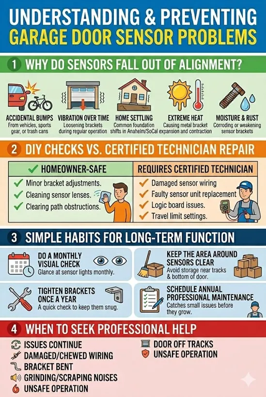 Infographic titled "Understanding & Preventing Garage Door Sensor Problems," detailing causes of misalignment, DIY versus professional repair, simple maintenance habits, and when to seek professional help.