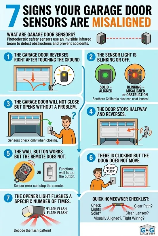 Infographic titled "7 Signs Your Garage Door Sensors Are Misaligned," listing symptoms like immediate reversal, blinking lights, won't close, remote failure, clicking, and opener light flashes, with a checklist.