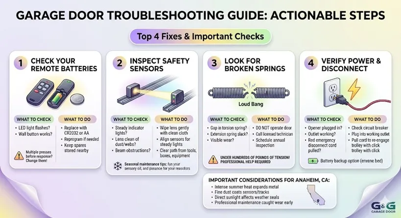 A 4-step garage door troubleshooting guide infographic detailing actionable 'What to Check' and 'What to Do' steps for remotes, safety sensors, torsion springs, and power connections.