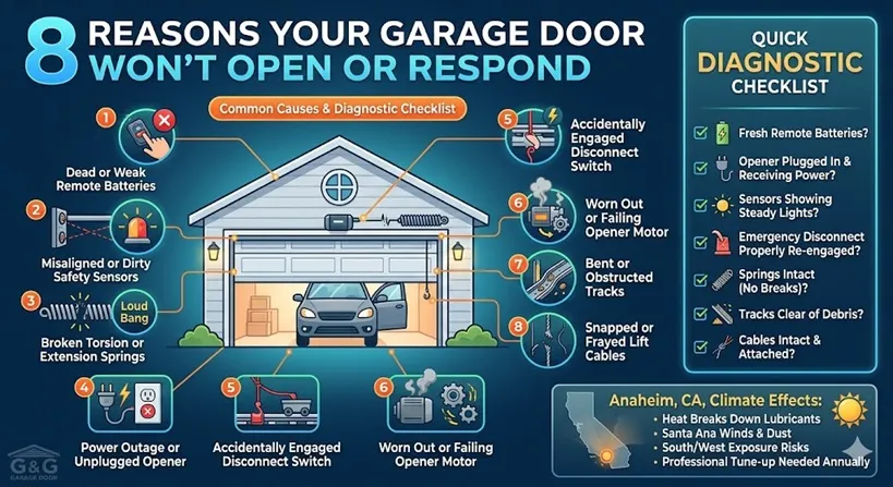 Infographic titled '8 Reasons Your Garage Door Won't Open,' featuring a diagnostic checklist and common causes like broken springs, dead batteries, and sensor misalignment, with specific tips for Anaheim homeowners.