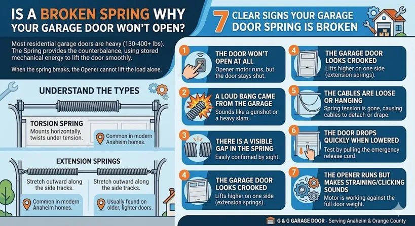An infographic explaining how garage door springs work, contrasting torsion and extension types, and illustrating seven visual and audible signs that a spring is broken.