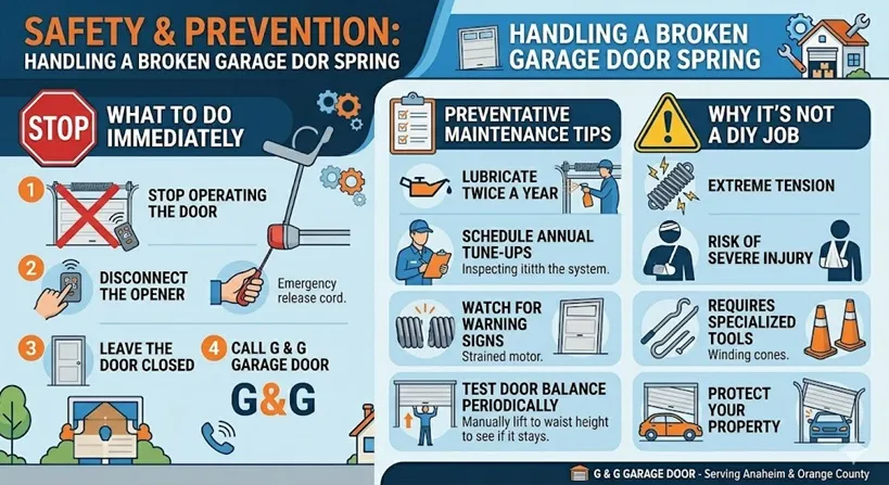 An infographic detailing safety precautions for a broken garage door spring, preventative maintenance tips for homeowners, and reasons why spring replacement is not a DIY task.
