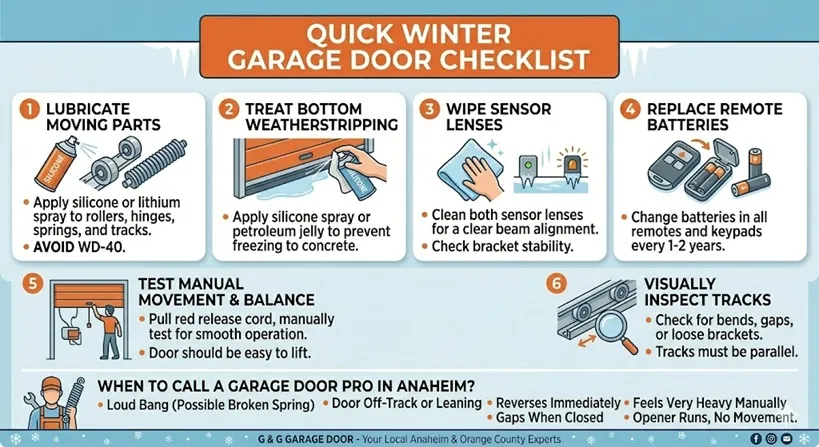 A winter garage door maintenance checklist: Lubricate parts, treat seals, wipe sensors, replace batteries. Includes signs to call a pro.