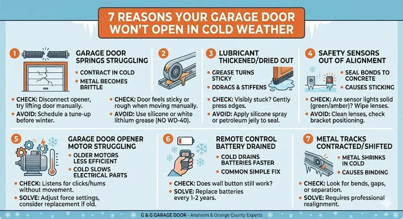 List of 7 reasons a garage door won't open in cold weather, with checks & solutions for springs, grease, and sensors.